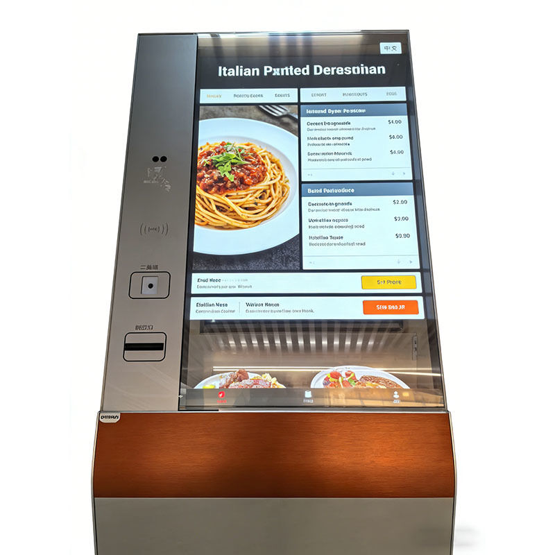 A 55-inch Transparent OLED Interactive Kiosk with 45% light transmittance and integrated touch functionality, supporting card swiping, queuing, and printing.