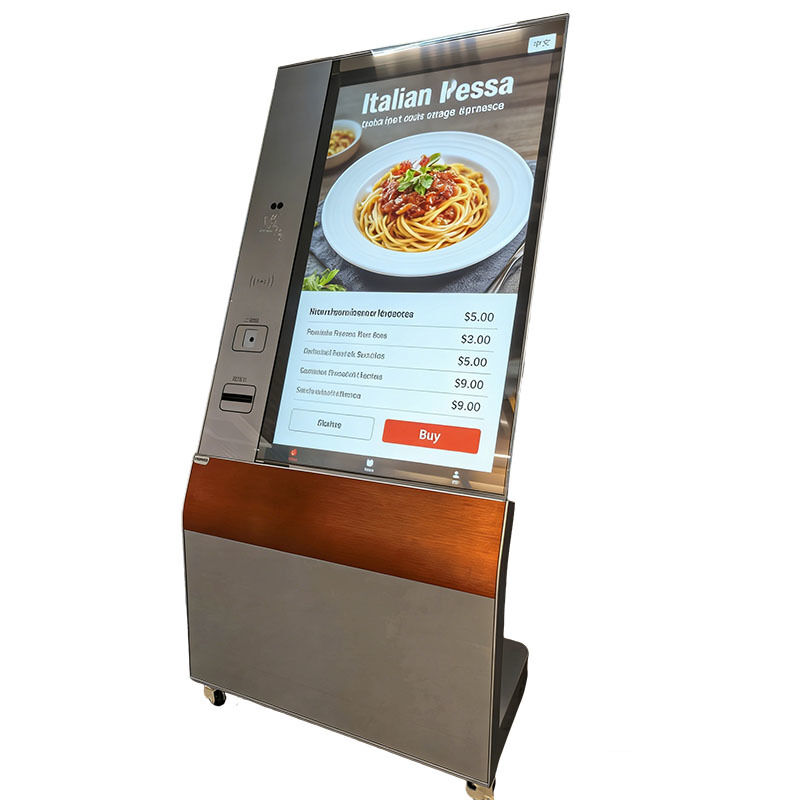 A 55-inch Transparent OLED Interactive Kiosk with 45% light transmittance and integrated touch functionality, supporting card swiping, queuing, and printing.