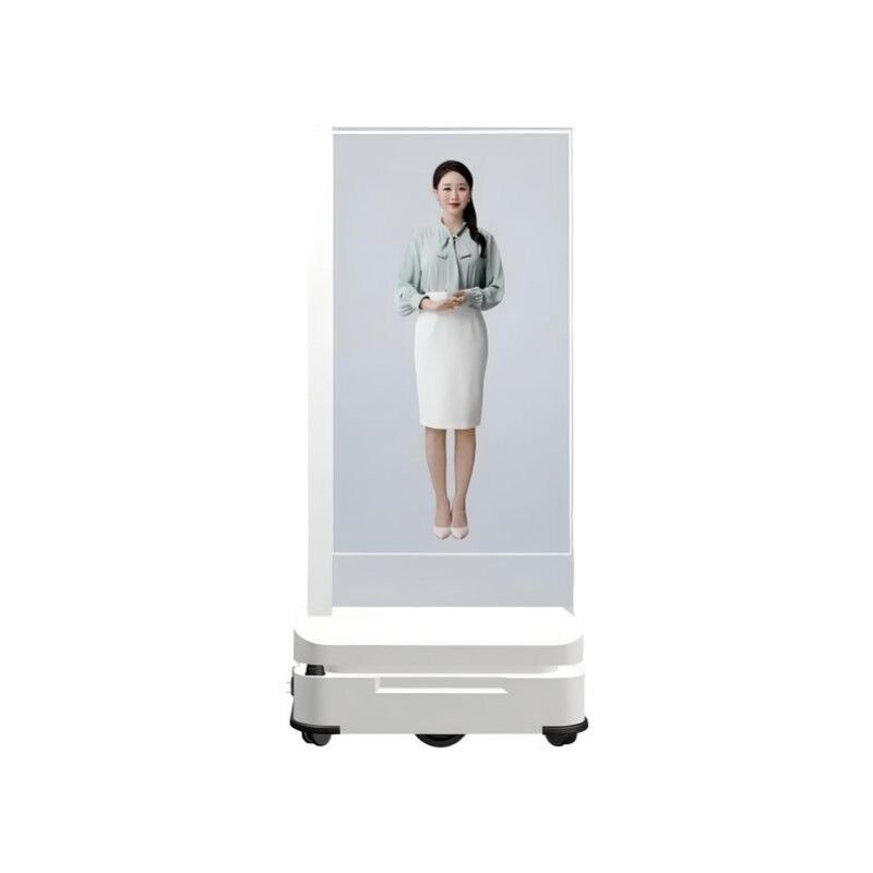 Robot de réception mobile OLED transparent de 55 pouces avec interaction vocale et reconnaissance faciale pour hôtels et hôpitaux