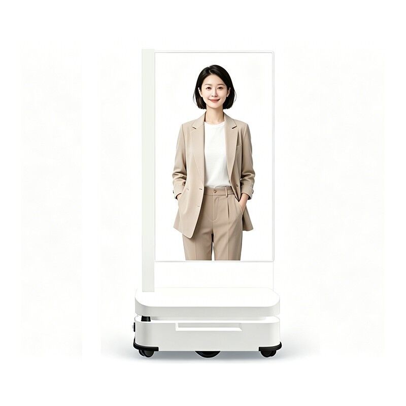 Robot de réception mobile OLED transparent de 55 pouces avec interaction vocale et reconnaissance faciale pour hôtels et hôpitaux