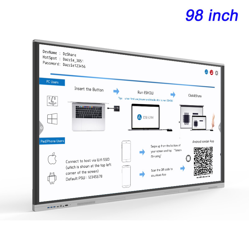 4K Touch Screen Whiteboard 98 inch Smart Interactive Flat Panel Dual OS ...